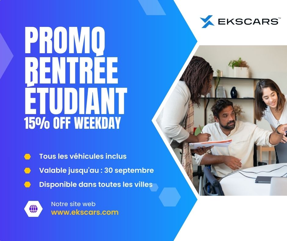 Rentrée Scolaire – 15% de Réduction sur les Locations en Semaine (Étudiants & Enseignants) — EKSCARS promotion